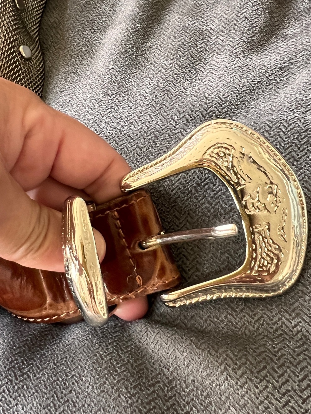 Brown Leather Western-Style Belt with Ornate Silver Buckle
